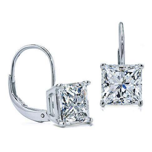 Boucles D'oreilles Véritable Diamant Taille Princesse 2 Carats D Vvs1 Leverback Eurowire 14K Or Blanc