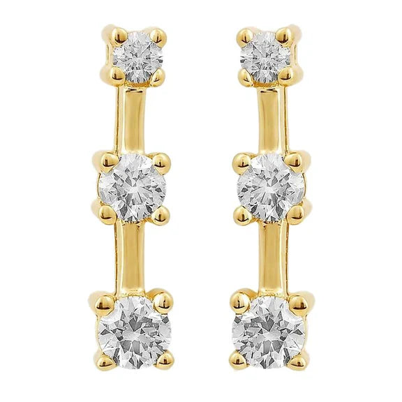 Boucles d'Oreilles Clous Style Trois Pierres Réel Diamants 0.75 Carats Or Jaune 14K