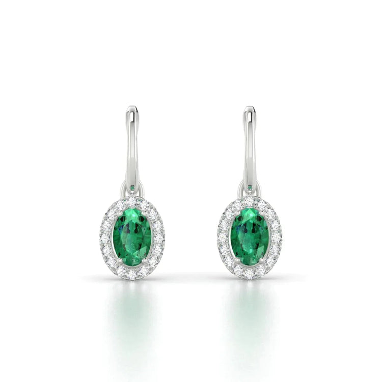 Boucles d'Oreilles Créoles Pendantes Émeraude Vert 7.80 Carats & Diamant Or Blanc 14K