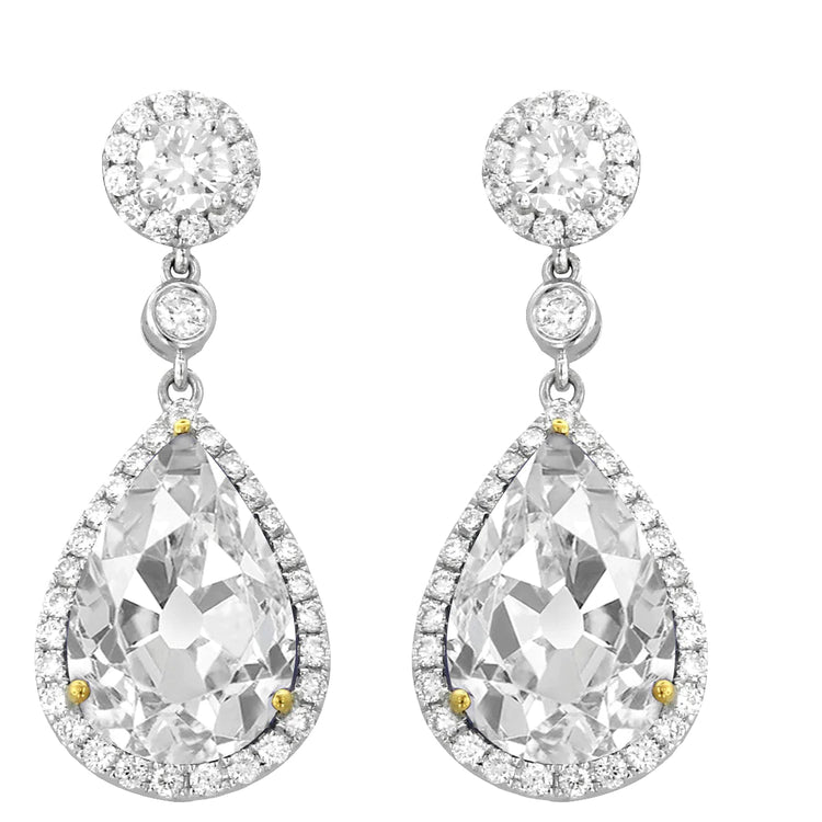 Boucles d'Oreilles Goutte Halo Réel Diamant 11 Carats Poire Vieux Mineur Deux Tons