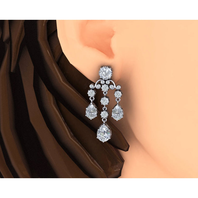 Boucles d'Oreilles Lustre de Mariée Poire, Réel Diamants Taille Ancienne Coussin 6.50 Carats