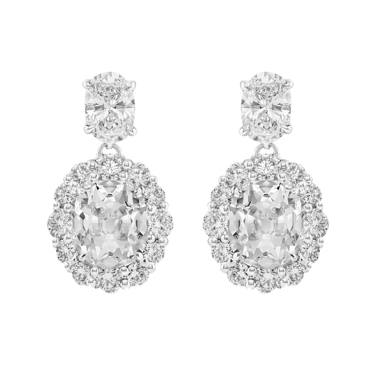 Boucles d'Oreilles Pendantes Halo Réel Diamant 10 Carats Rond et Ovale Or Taille Ancienne Mine