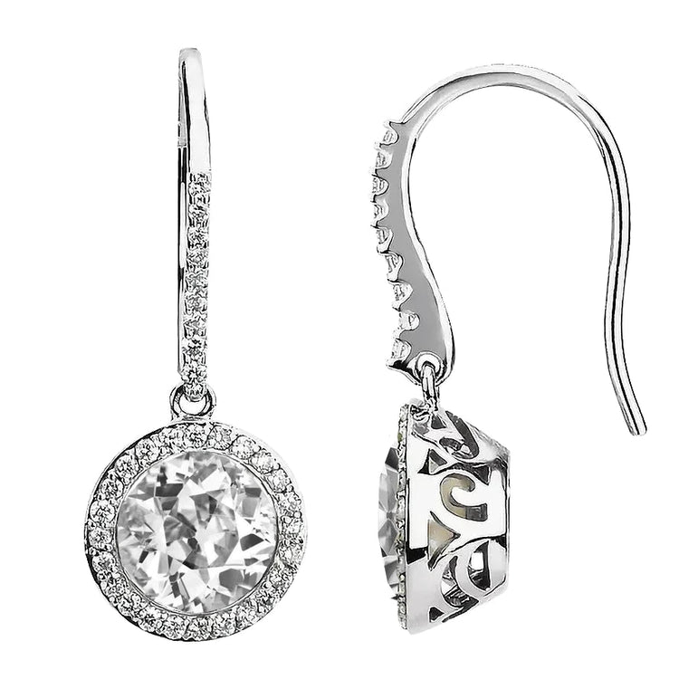 Boucles d'Oreilles Pendantes Halo Réel Diamant 6 Carats Rond Or Blanc Taille Ancienne Mine
