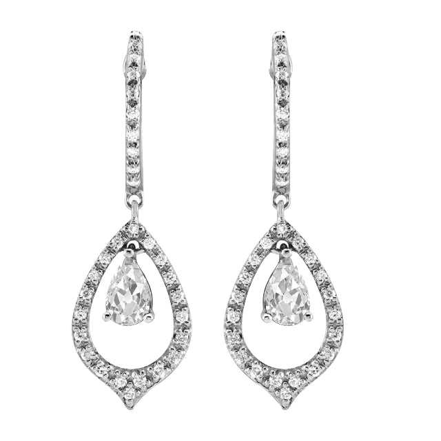 Boucles d'Oreilles Pendantes Halo Réel Diamant Or Blanc 4 Carats Poire Taille Ancienne Mine