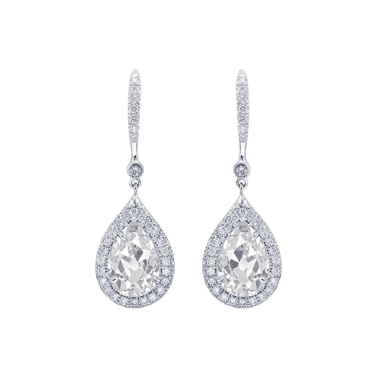 Boucles d'Oreilles Pendantes Halo Véritable Diamant Or Blanc 3.50 Carats Poire Taille Ancienne Mine