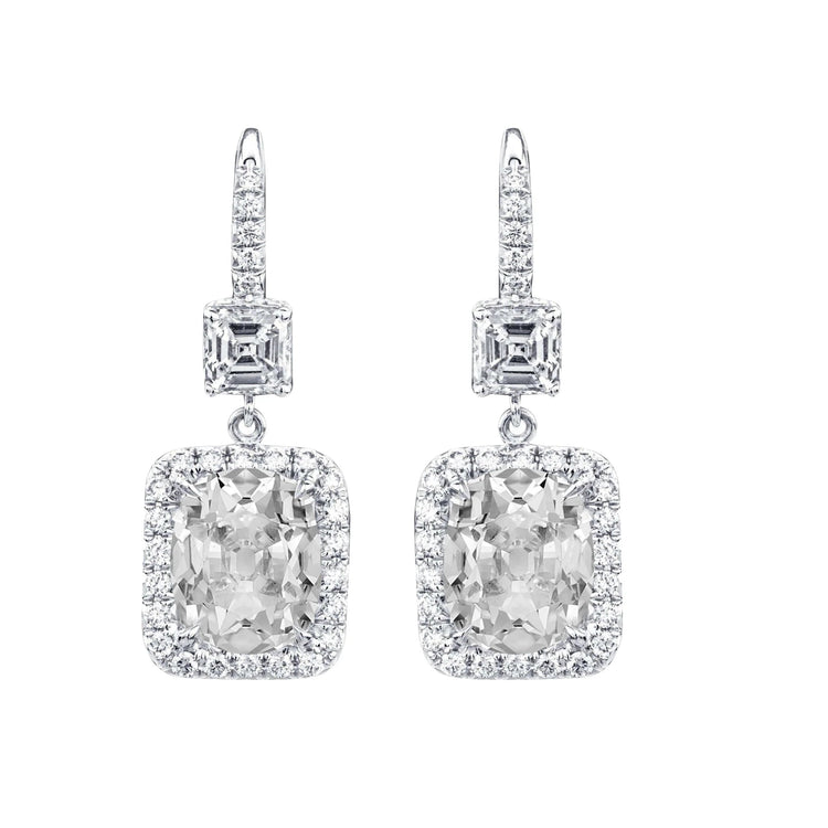 Boucles d'Oreilles Pendantes Ovale Halo Réel Diamants Or Blanc 8 Carats Taille Ancienne