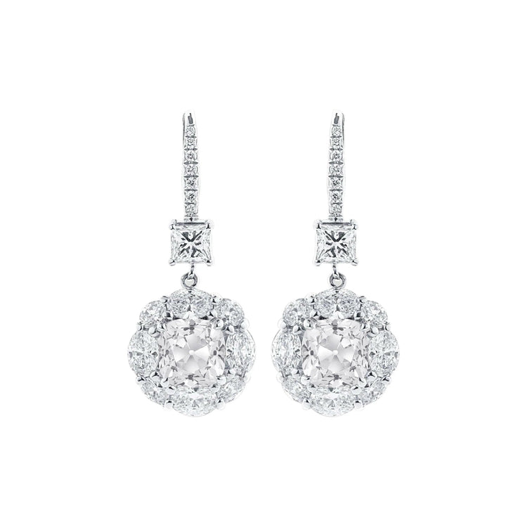 Boucles d'Oreilles Pendantes Princesse et Coussin Vieux Mineur Véritable Diamant 4.50 Carats