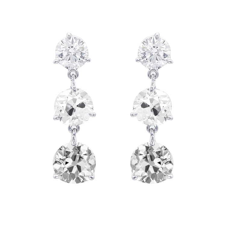Boucles d'Oreilles Pendantes Réel Diamant Or Blanc 3 Pierres Rondes Taille Ancienne Mine 6 Carats