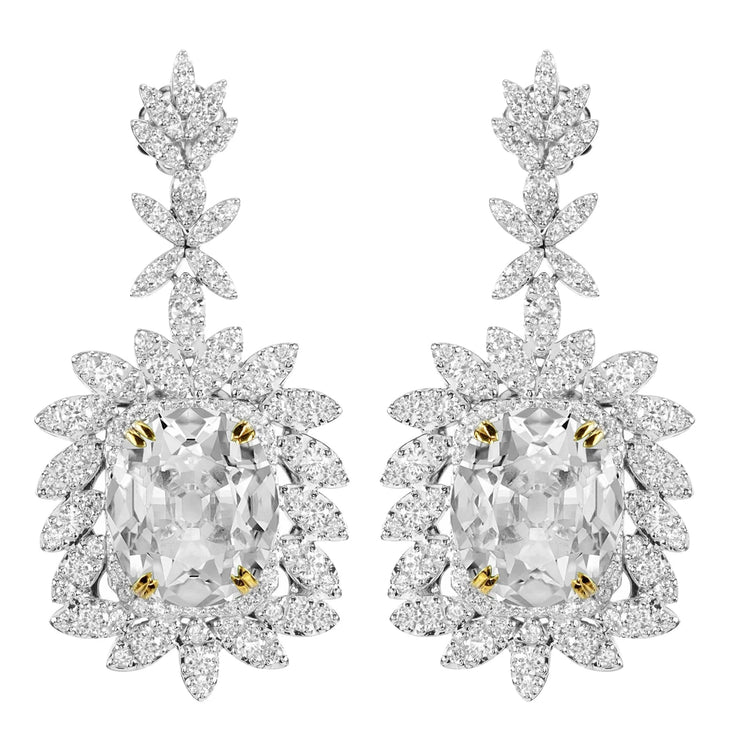 Boucles d'Oreilles Pendantes Réel Diamant Style Fleur Bicolore 12 Carats Ovale Taille Ancienne