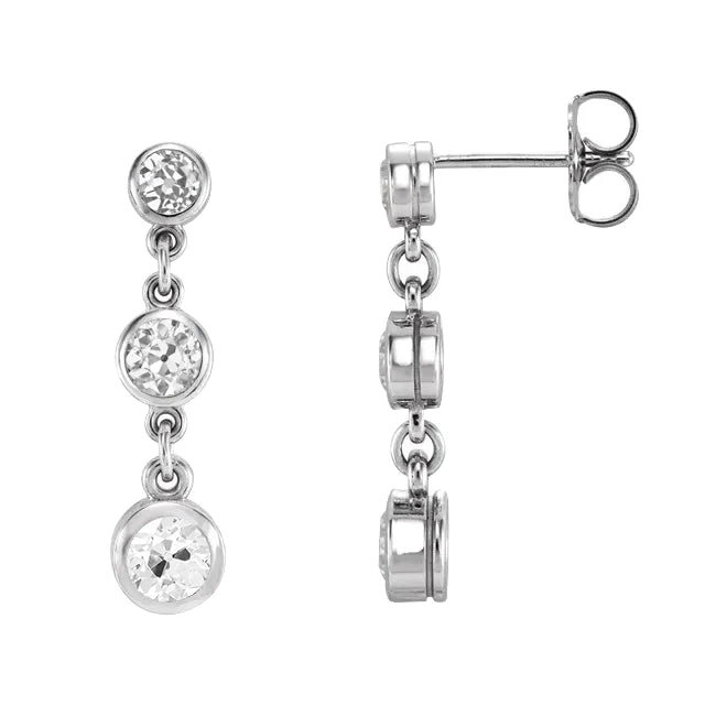 Boucles d'Oreilles Pendantes Véritable Diamant Serti Clos 4 Carats Rond Or Blanc Taille Ancienne