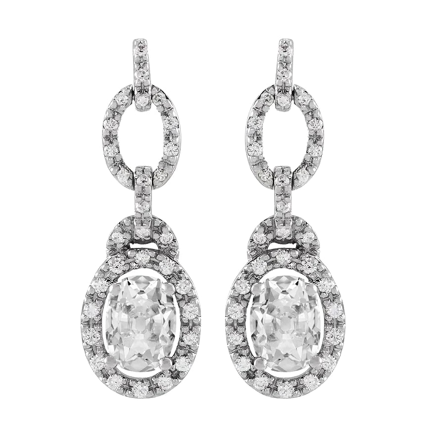 Boucles d'Oreilles Pendantes Vieux Mineur Ovale Halo Réel Diamant Or Blanc 6 Carats
