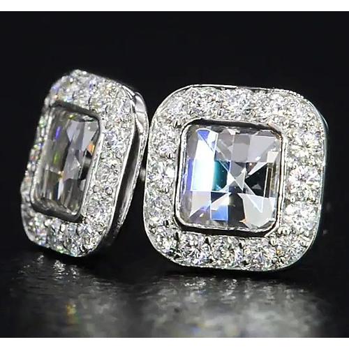 Boucles d'oreilles Asscher Naturel Diamond Halo Stud 4 Carats Or Blanc 14K