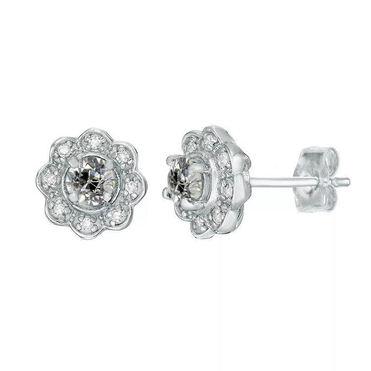 Boucles d'oreilles Halo Réel Diamond Studs Flower Style Old Cut 4 Carats Push Backs