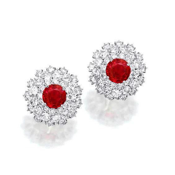 Boucles d'oreilles en or blanc 4 ct 14K Coupe Ronde rubis et diamants halo