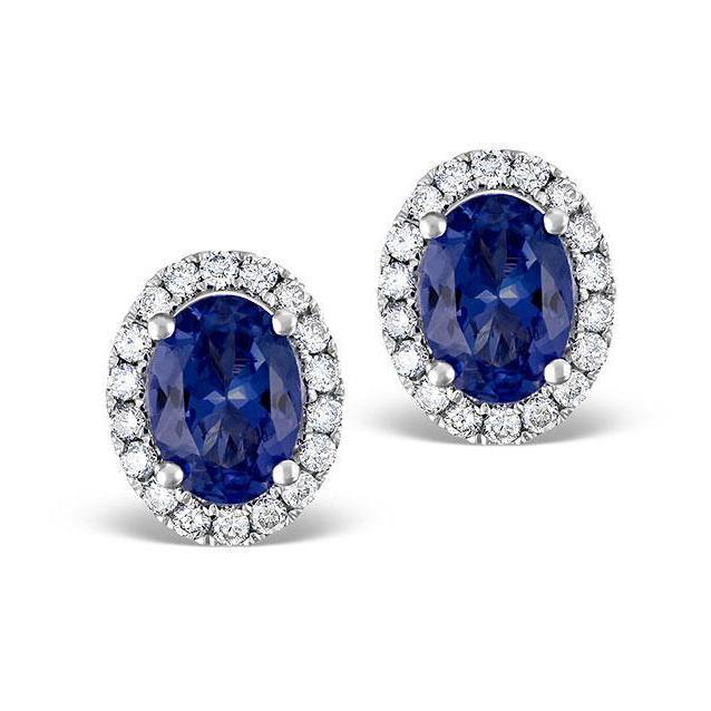 Boucles d'oreilles ovales en diamant avec saphir de Ceylan en or blanc 14K 5.40 ct. - HarryChadEnt.FR