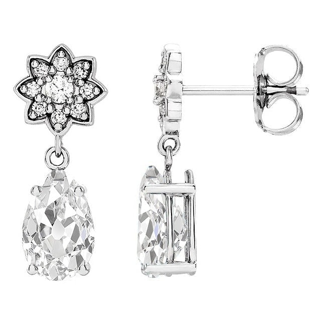 Boucles d'oreilles pendantes poire Vieux mineur & Réel diamants ronds 7.50 Ct. Style d'étoile