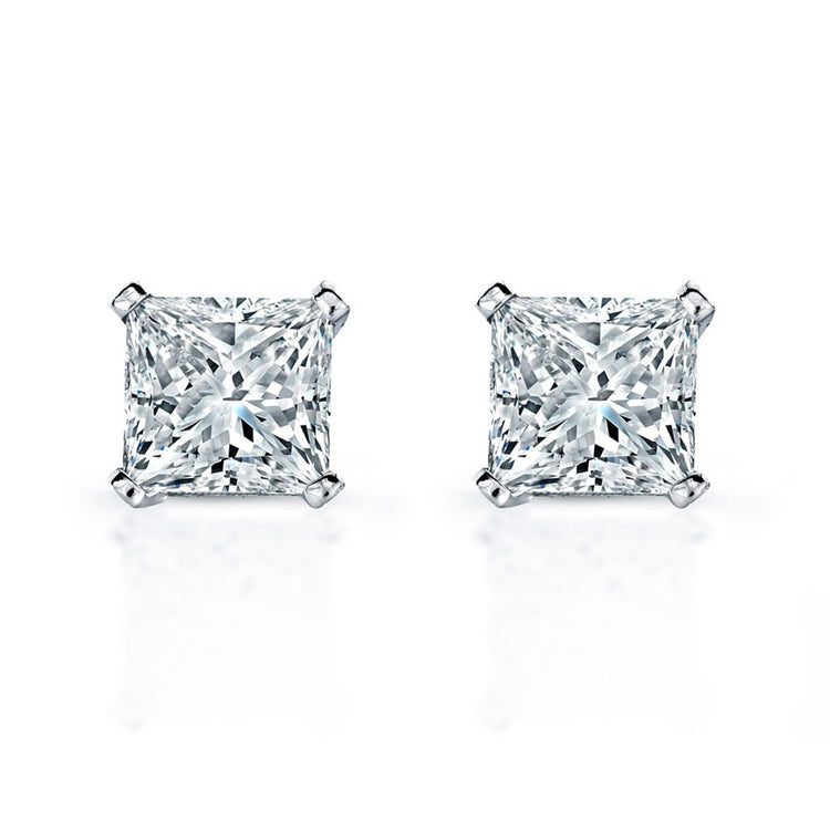 Boucles D'Oreilles Femme 4 Carats Naturel Diamants Taille Princesse Or Blanc 14K