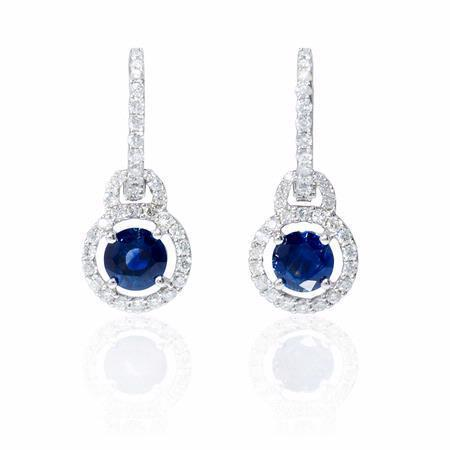 Boucles d'Oreilles Pendantes Saphir Sri Lanka Et Diamants Or Blanc 14K