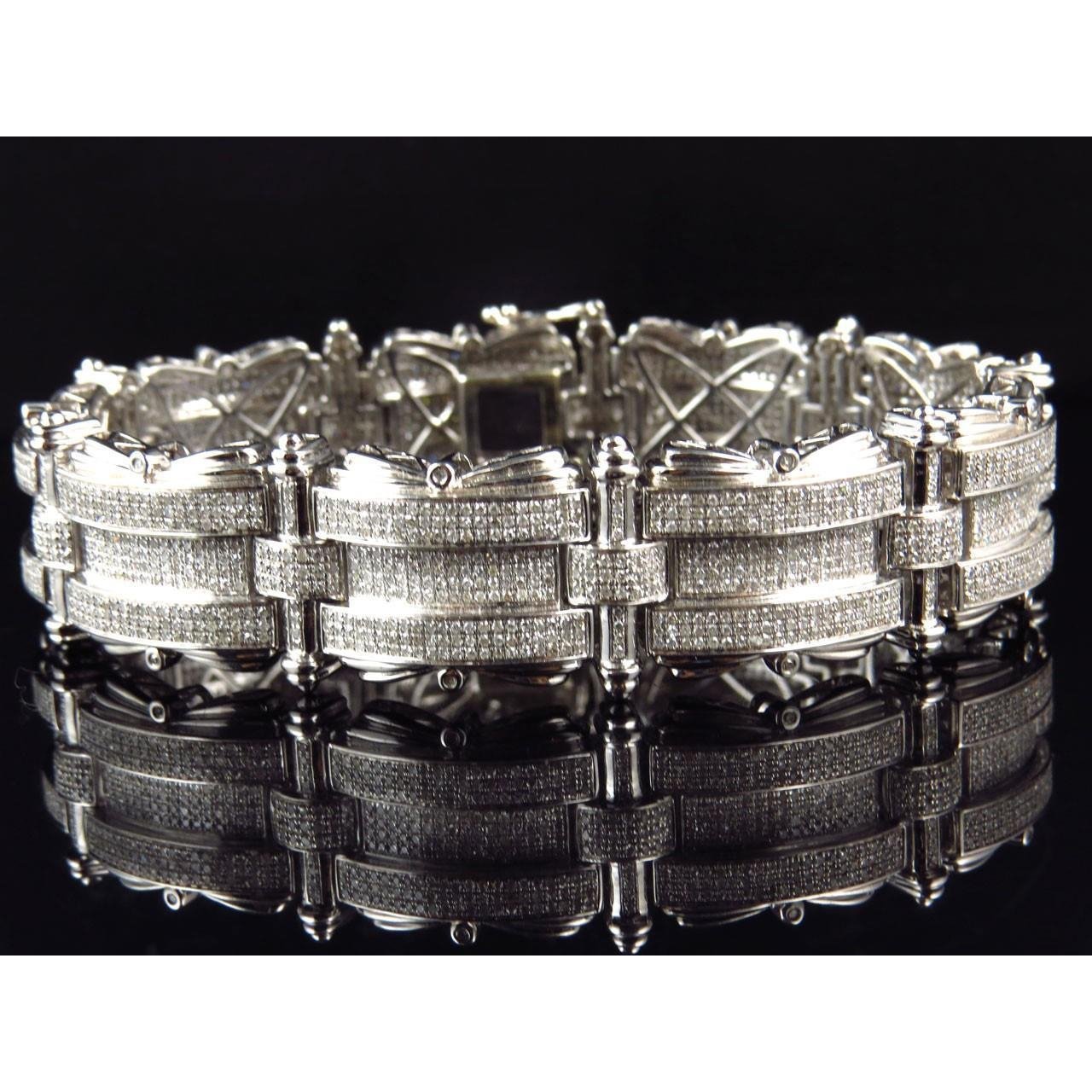 Bracelet Homme Naturel Diamant Taille Ronde Serti Pave Or Blanc 14K 15 Carats