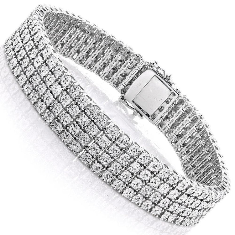 Bracelet Homme Quatre Rangs 16 Carats Véritable Diamants Taille Ronde Or Blanc