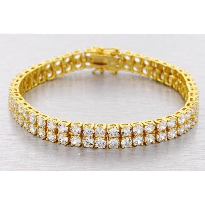 Bracelet Réel Diamants Tennis Homme Double Rang Mousseux 15.50 Carats Or Jaune 14K