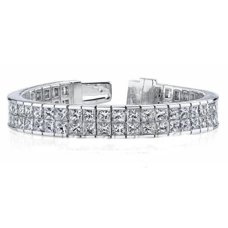 Bracelet Tennis À Double Rang Et À 14,30 Caras De Véritable Diamants Princesses 14K D'Or Blanc