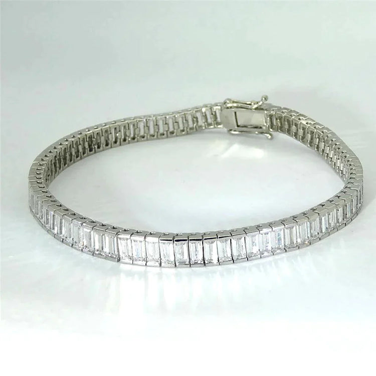 Bracelet Tennis En Or Avec Véritable Diamants Taille Baguette