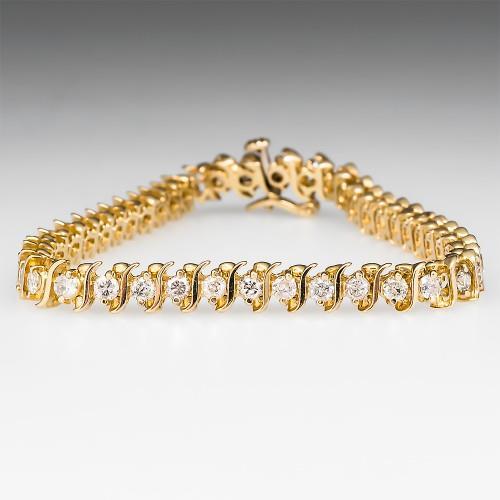 Bracelet Tennis En Or Jaune 14 Carats Et Naturel Diamants Ronds