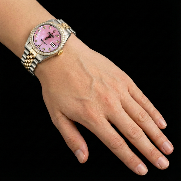 Bracelet jubilé en or acier inoxydable et montre Datejust Rolex avec cadran en diamant rose et lunette ensemble rapide