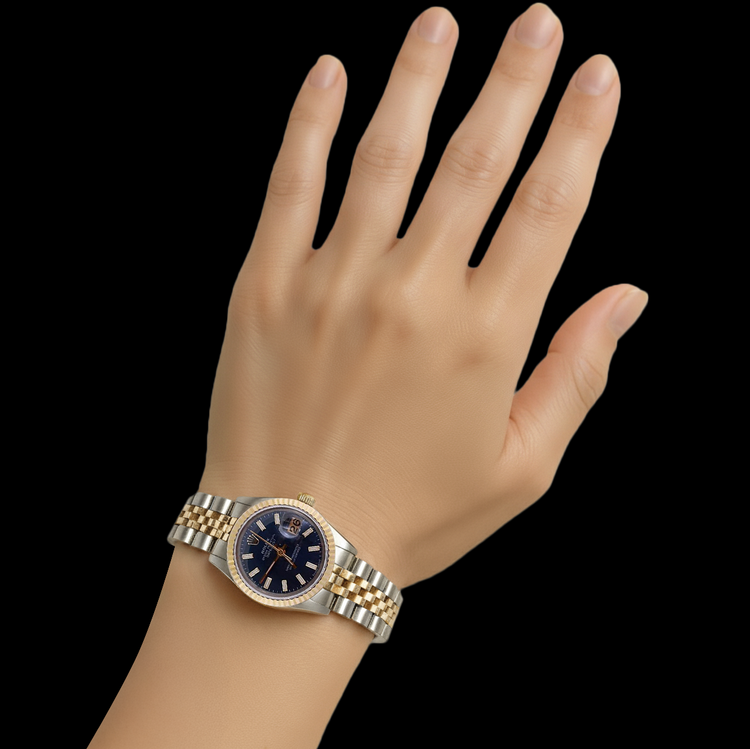 Bracelet Jubilé Bicolore Regarder Rolex Datejust Cadran Bâton Noir Cannelé P1