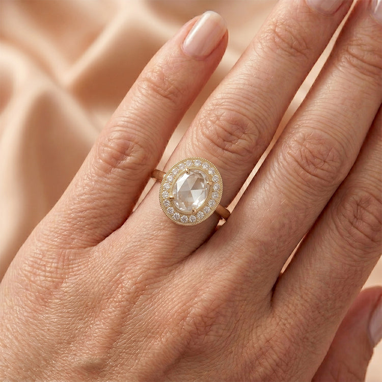 Brillant Taille Rose Bague Sertie Halo 2 carats en Or 14K Jaune