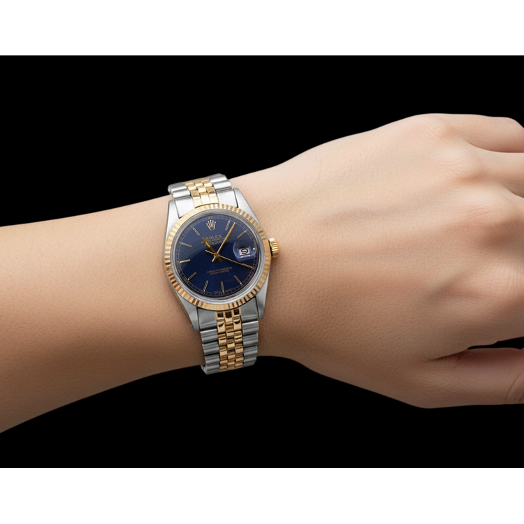 Cadran bâton bleu lunette cannelée Rolex Datejust gent montre deux tons réglage rapide