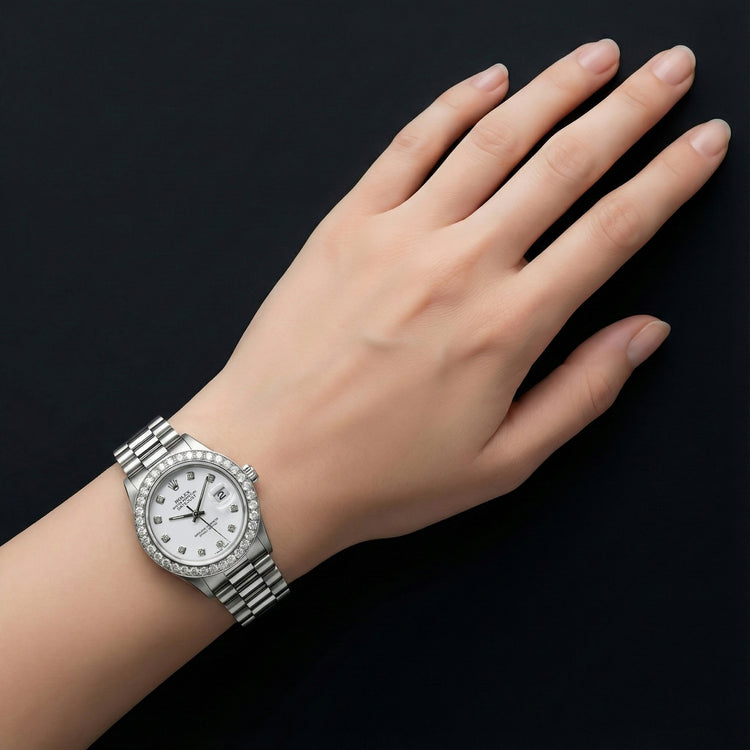 Cadran blanc personnalisé diamant grande lunette Rolex Datejust montre en acier inoxydable