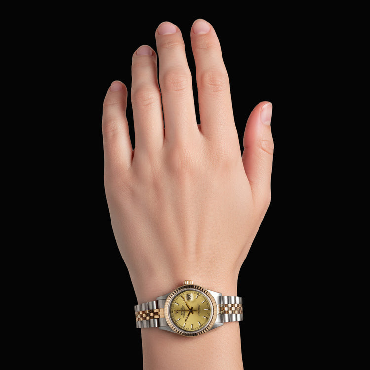 Cadran bâton de champagne Rolex Datejust acier inoxydable & Montre Femme Jaune P2