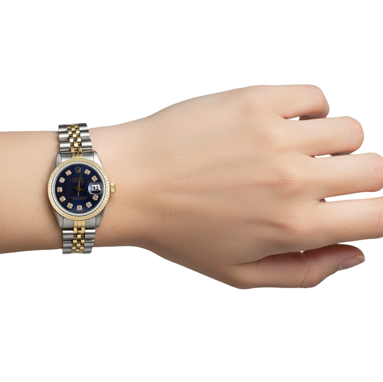 Cadran diamant bleu lunette cannelée montre Rolex Datejust acier inoxydable & jubilé d'or P4