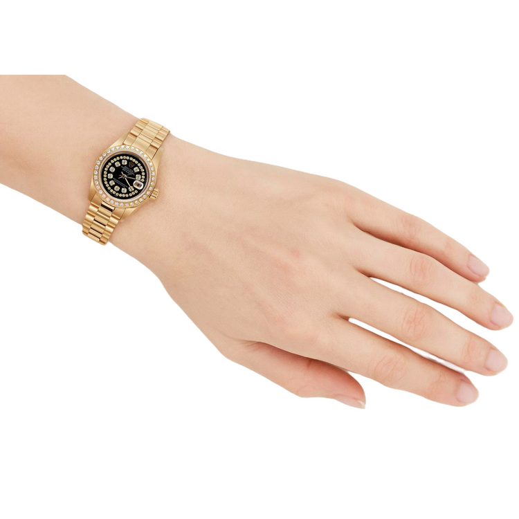 Cadran en diamant à chaîne noire Regarder Rolex Presidente Lunette en diamant Datejust