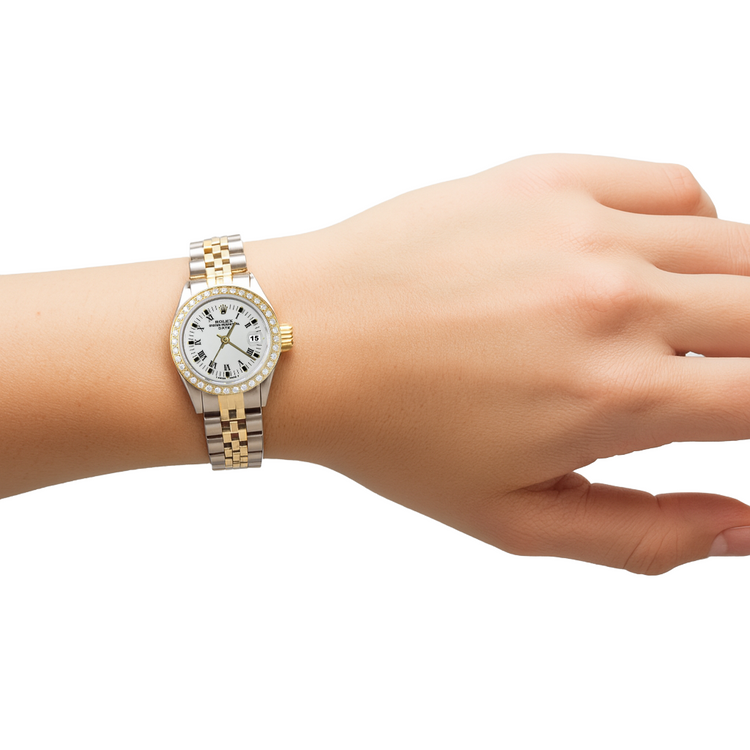 Cadran romain blanc lunette diamant Rolex Date montre femme deux tons jubilé