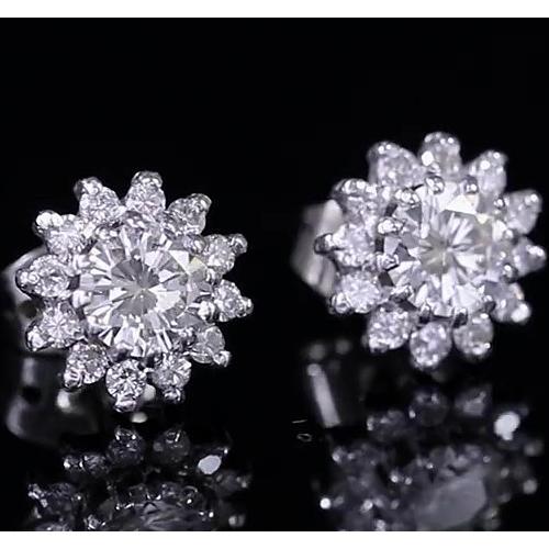 Clous d'Oreilles Réel Diamant Rond Halo Or Blanc 14K