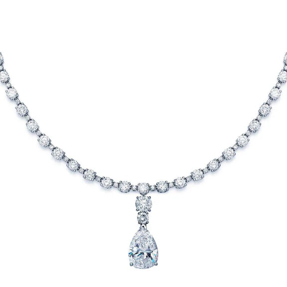 Collier Bijoux Femme Or Blanc Poire & Réel Diamants Ronds 16.50 Carats