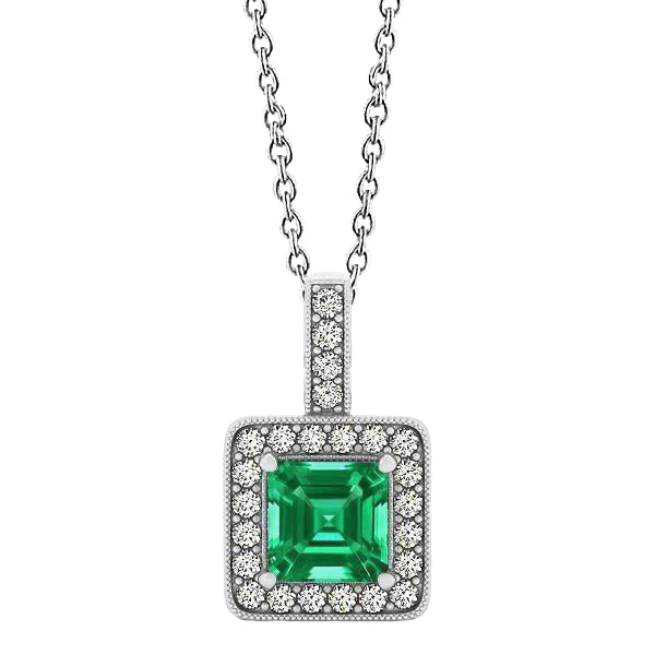 Collier Pendentif Pierres Précieuses 4 Ct Émeraude Vert Taille Asscher Et Diamants Ronds