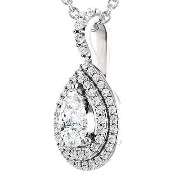 Collier Pendentif Poire Et Réel Diamant Taille Ronde 2.20 Carats Or Blanc 14K
