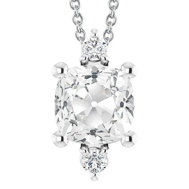 Collier Pendentif Réel Diamant Old Miner Coussin Or Blanc 3 Pierres 6 Carats