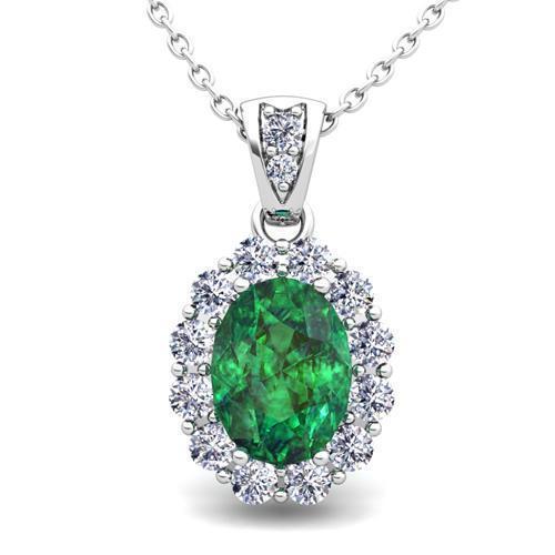 Collier Pendentif Vert Emeraude Avec Diamants Carats WG 14K
