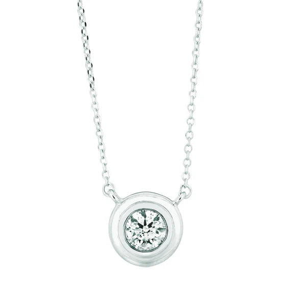 Collier Solitaire Naturel Diamant Pendentif Lunette 0.50 Carat Or Blanc 14K