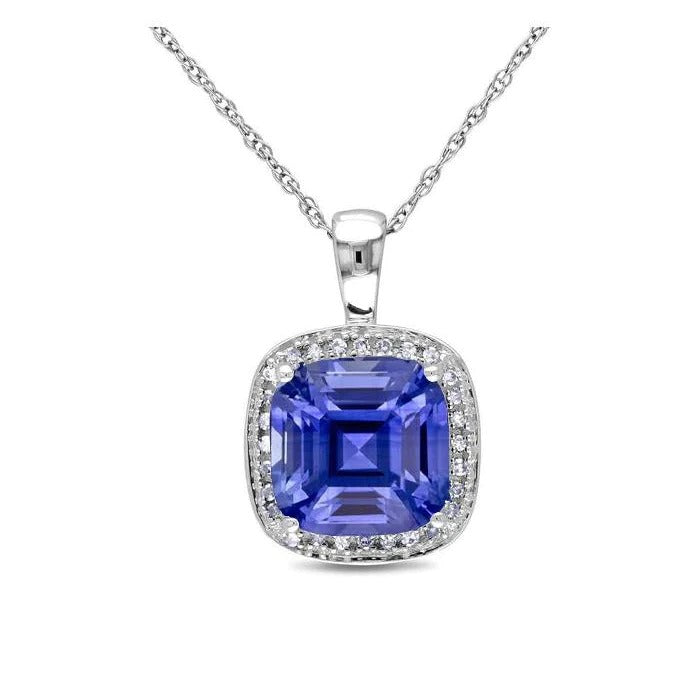 Collier pendentif saphir coussin et halo de diamants 4.50 Carats