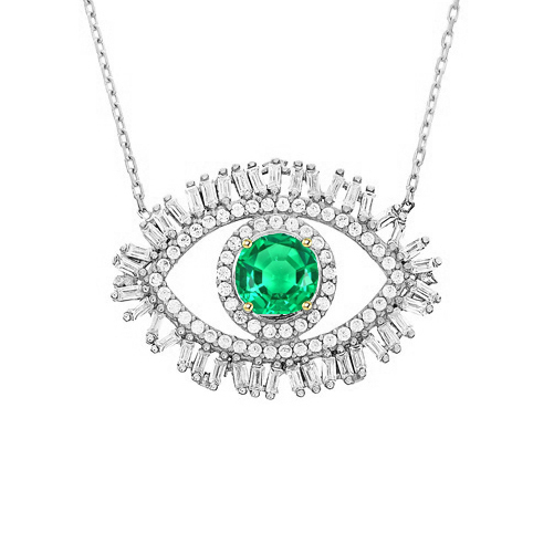 Collier Avec Pendentif Oeil Qui Voit Tout Vert Émeraude Et Diamants