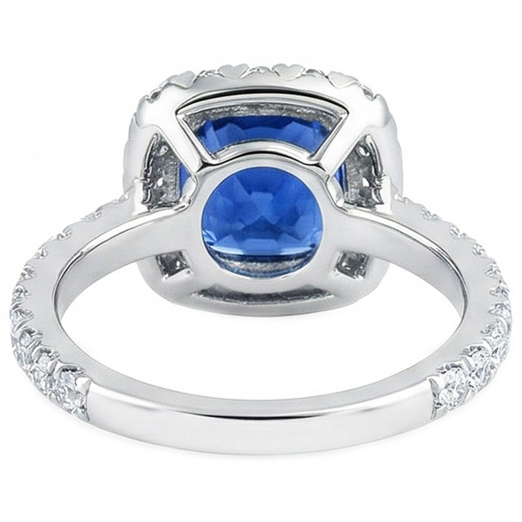 Coussin Ceylan Bleu Saphir Avec Diamants Naturels Extraits des Mines ( et non cultivés en laboratoire ) 2.50 Ct. Anneau