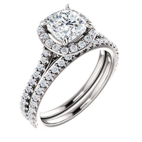 Coussin Halo De 1.35 Ct Et Bague De Mariage Avec Réel Diamants Ronds En Or Blanc 14K