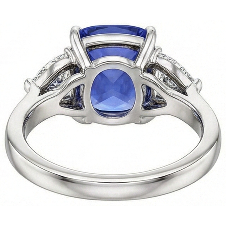 Coussin Tanzanite AAA Diamants Naturels Extraits des Mines ( et non cultivés en laboratoire ) 3 Carats Bague 3 Pierres Or Blanc 14K