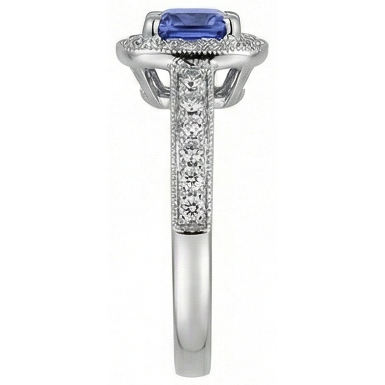Coussin Tanzanite Diamants Naturels Extraits des Mines ( et non cultivés en laboratoire ) Bague Halo 2 Carats Or Blanc 14K